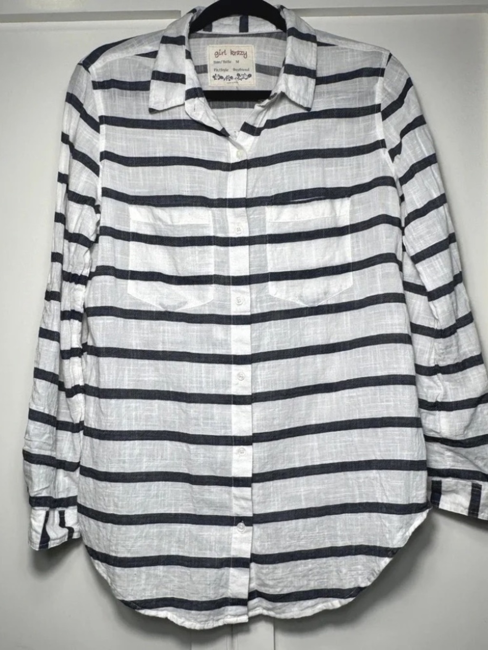 Girl Krazy Boyfriend Cotton Gauze Striped Button Down Shirt Navy